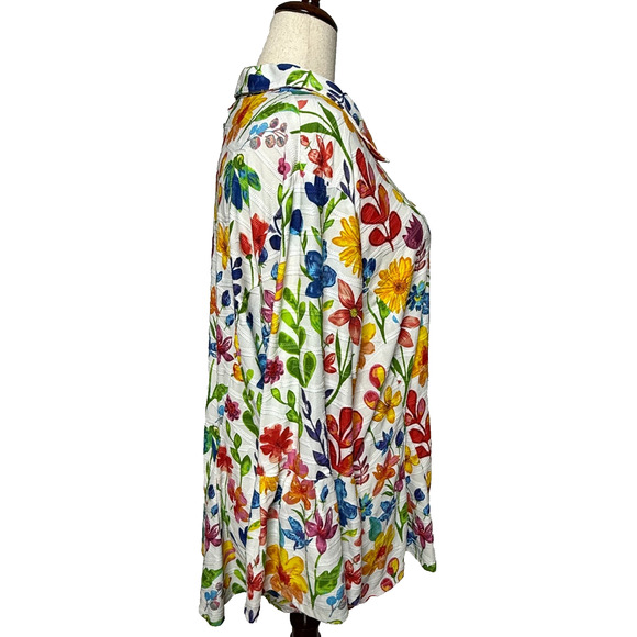 Ali Miles Top 3X White Blue Colorful Floral Button Up Stretch Bell Sleeve Career - Picture 7 of 10